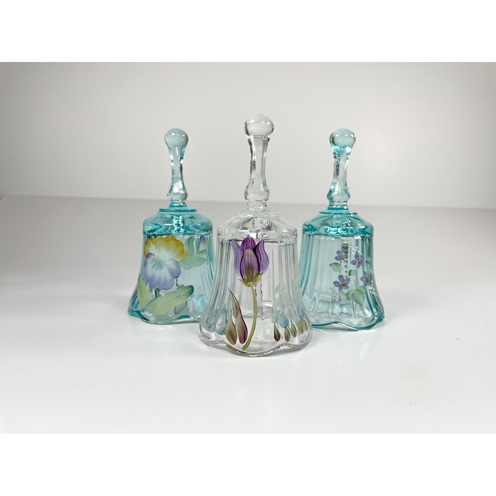 Vintage Fenton Scalloped Clear Blue Bells Floral Hand Painted Signed set of 3